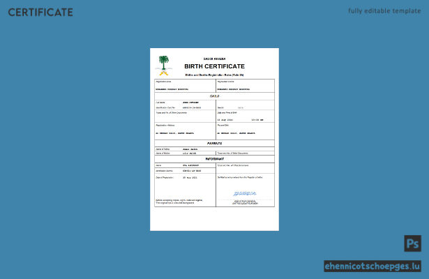 Saudi-Arabische Geburtsurkunde – Beispielansicht (Word und PDF)